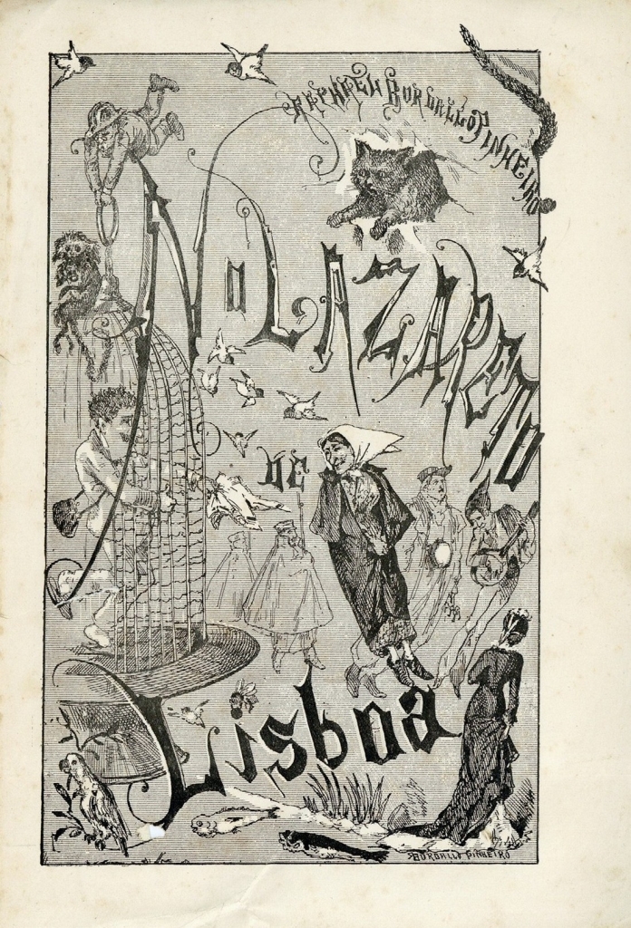 Ilustração de Rafael Bordalo Pinheiro no início da obra No Lazareto de Lisboa, 1881. Auto-representação de Bordalo no interior de uma gaiola, Maria da Paciência e outros personagens.