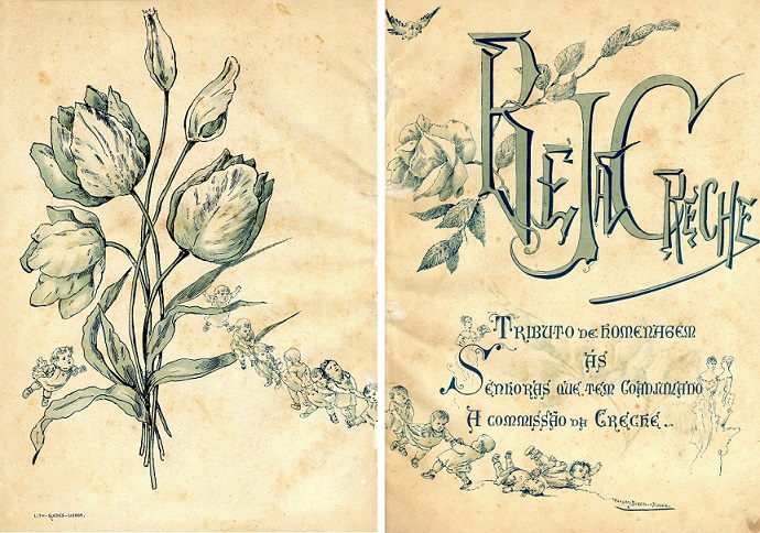 Ilustração para a capa e contra-capa do livro "Beja Creche", de Rafael Bordalo Pinheiro, 1885
