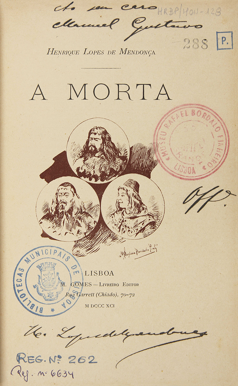 Duas figuras masculinas e uma feminina - capa da da obra A Morta (1891) de Henrique Lopes de Mendonça, com ilustração de Manuel Gustavo Bordalo Pinheiro (MRBP/MON 0128)