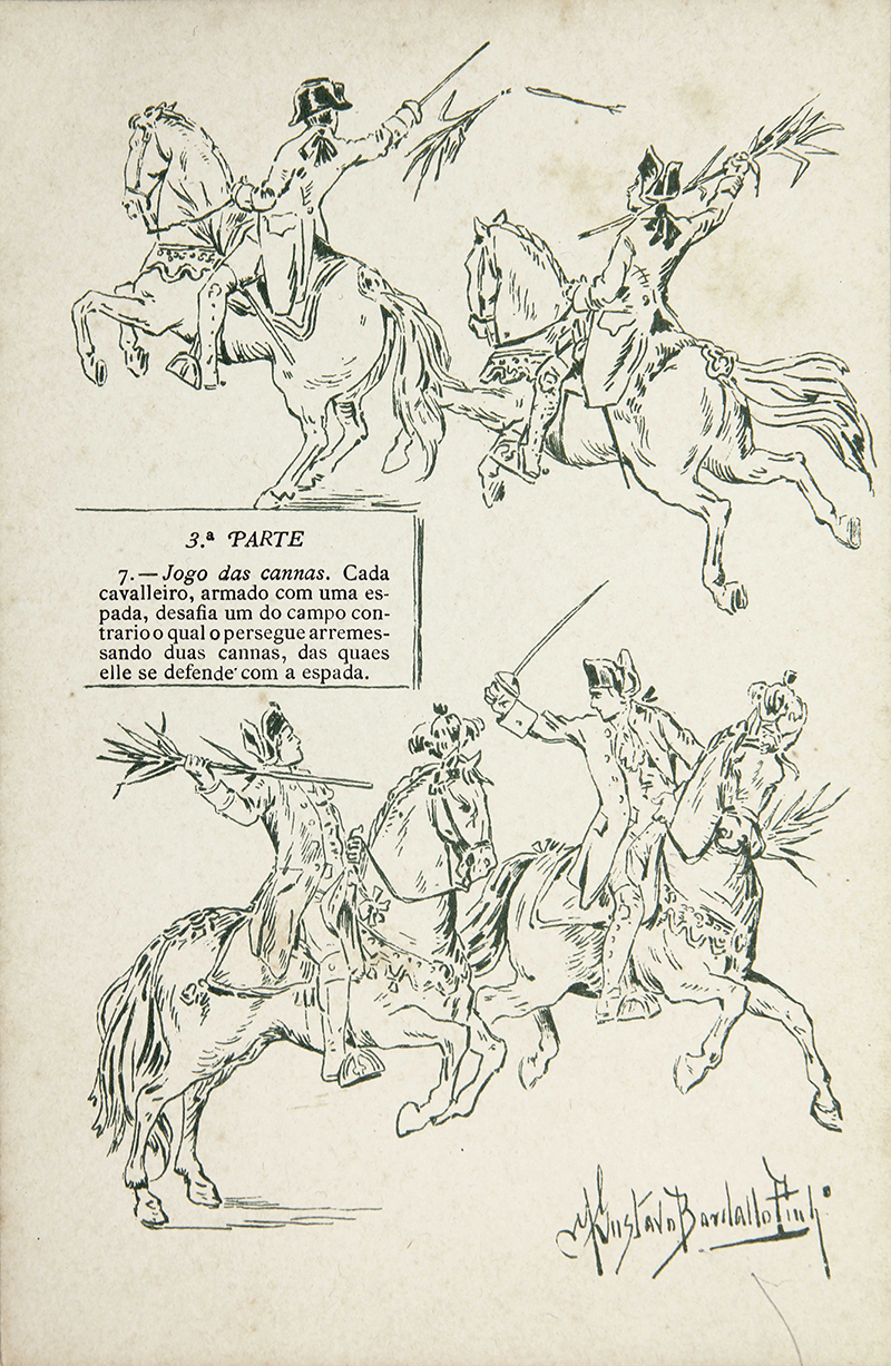 "Jogo das Cannas", quatro cavaleiros com espadas - ilustração de Manuel Gustavo Bordalo Pinheiro no Programa do Torneio no Hipódromo de Lisboa dado no ano de 1892.