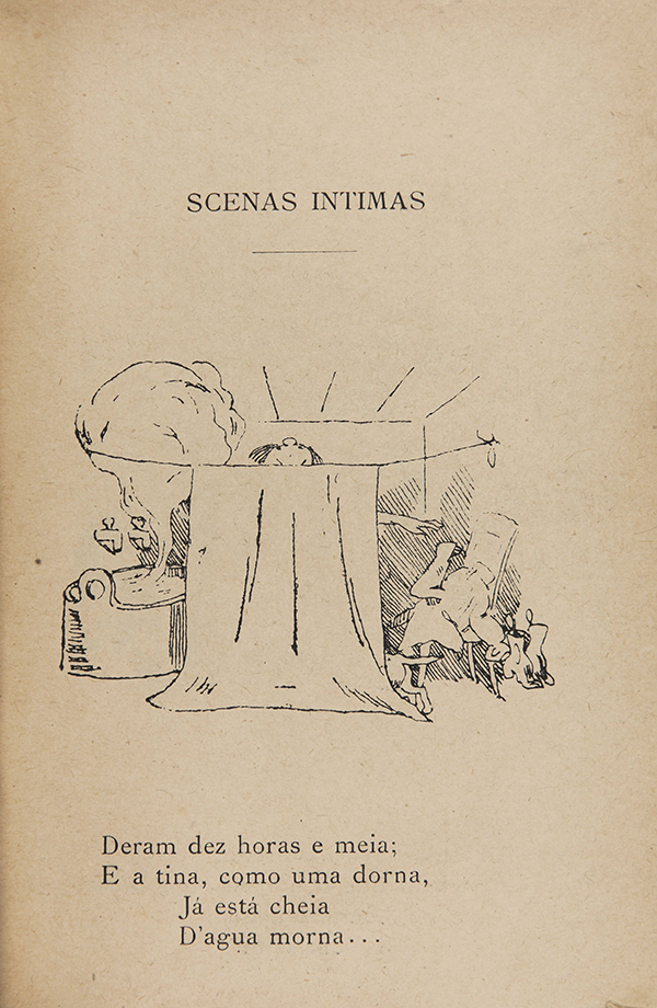 Figura a preparar-se para tomar banho,"Scenas Íntimas", iIlustração de Manuel Gustavo Bordalo