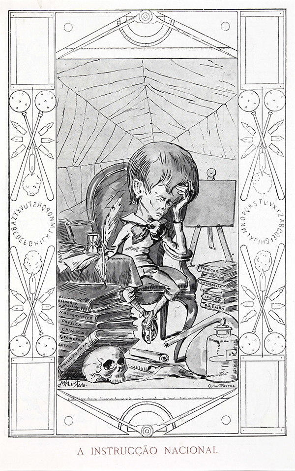 Figura de rapaz com livros e pena na mão representando a “A Instrucção Nacional”, ilustração de Manuel Gustavo Bordalo Pinheiro para O Commercio do Porto Ilustrado Carnaval de 1900