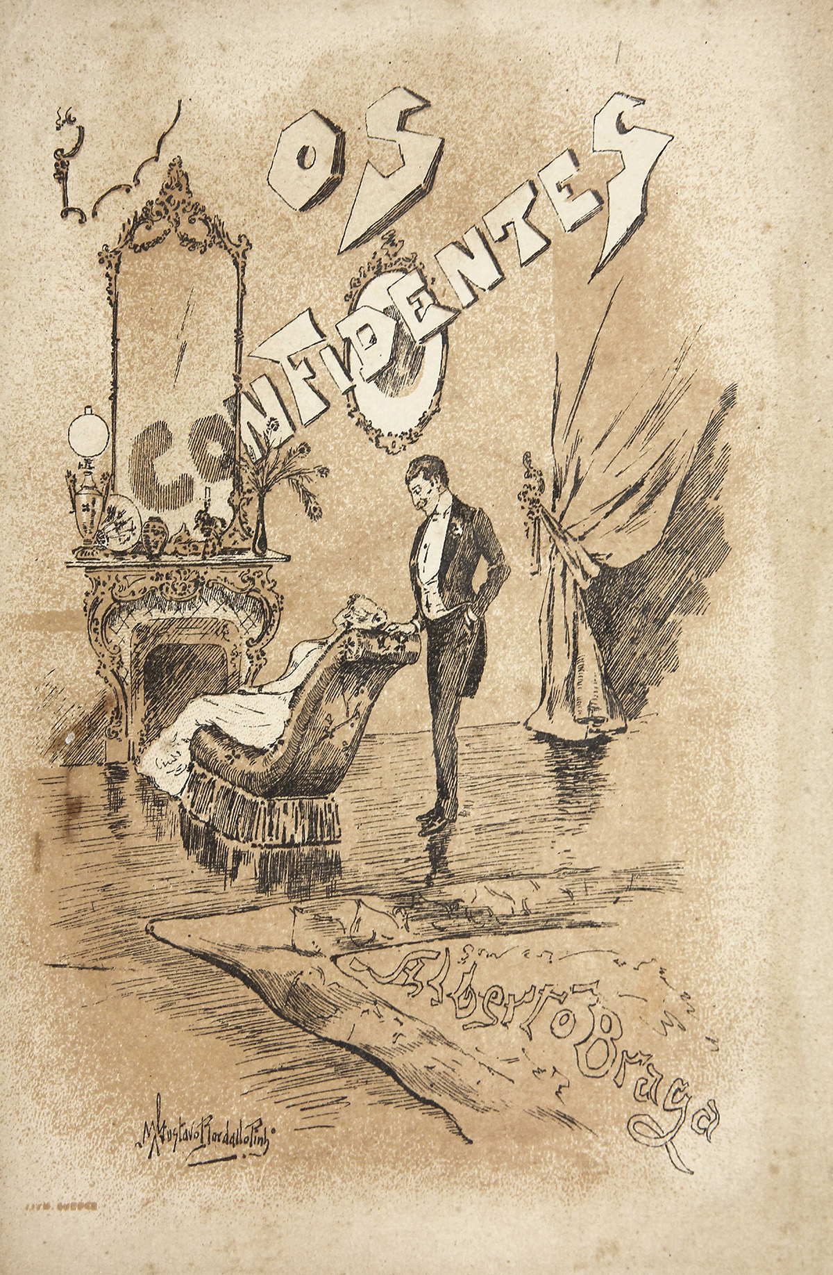 Capa da obra Os Confidentes (1887), de Alberto Braga, com ilustração de Manuel Gustavo Bordalo Pinheiro.
