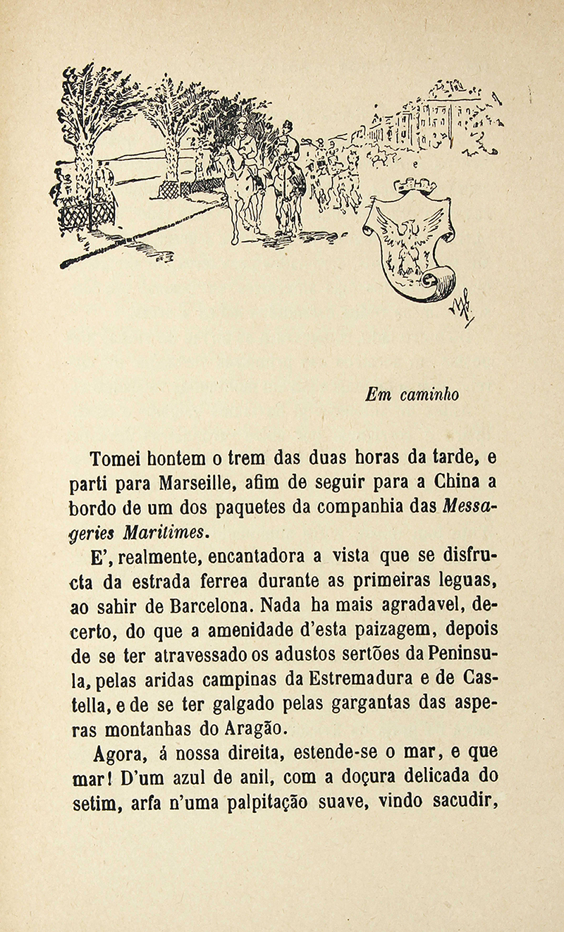 Página da obra Viagens de Coelho de Carvalho (1888), de Coelho de Carvalho, com ilustração de Manuel Gustavo Bordalo Pinheiro