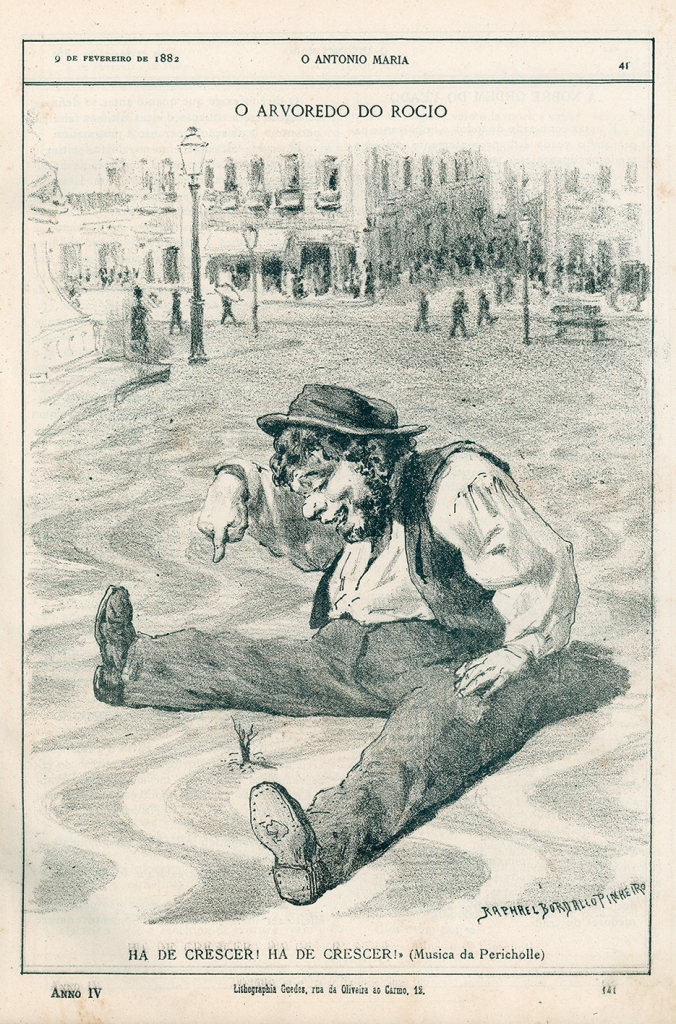 “O Arvoredo do Rocio”, ilustração de Rafael Bordalo Pinheiro publicada n'O Antonio Maria, n.º 141, 9 de Fevereiro de 1882